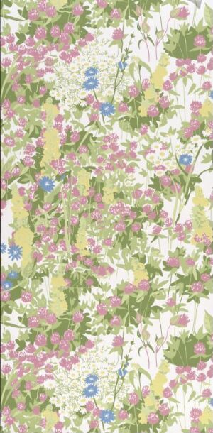  "Klöver" by Arne Jacobsen, a detailed and dense floral pattern featuring clover flowers in shades of pink and white, lush green clover leaves, with violet and blue flowers against a soft off-white background, printed using the collotype technique on paper and polyester.