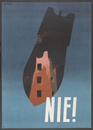  "Nei!" - a vintage anti-war poster by Tadeuz Trepkowski featuring a stylized bomb in black with a fiery tip on a gradient blue background, above a slice of red brick building in red and brown, with the bold white text "NIE!" signifying a message of