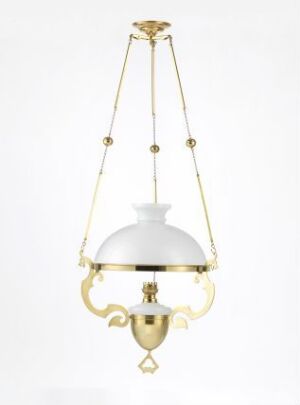  "Taklampe" by Høvik Verk - an elegant pendant lamp with a white glass globe and decorative polished brass framework, featuring ornamental details and suspended by slender rods.