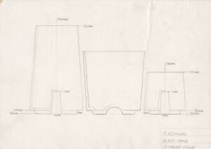  A design drawing titled "PlussMinus" by artist Cathrine Maske, featuring three simple line sketches of cups or glasses on a slightly aged paper with written dimensions, representing a utilitarian design approach with a focus on precision and clarity.