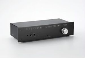  The "2 Channel Audio Preamp/Power Amplifier" designed by Electrocompaniet (Svein Erik Børja, Per Arild Abrahamsen), featuring a sleek black lacquered steel body, with a metallic volume knob and buttons on the front, set against a soft gradient background.