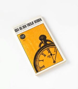  Graphic design by Arild Kristo titled "USA og den tredje verden" featuring bold text at the top on a yellow gradient background, with a large black silhouette of a human figure with raised arms integrated into an oversized compass on a yellow and brown background, printed on paper using offset technique.