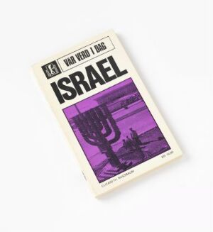  Design print titled "Vår verd i dag - Israel" by artist Arild Kristo, featuring bold typographic elements and a purple abstract illustration suggestive of an Israeli landscape with a menorah symbol, created through offset printing on paper.