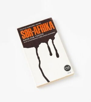  Book cover designed by Arild Kristo titled "Sør Afrika - Krise for vesten," featuring bold orange title text and a provocative black illustration resembling dripping liquid against a white background, symbolically reflecting crisis in South Africa.