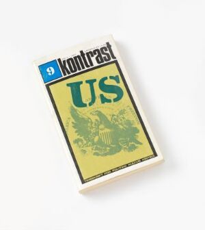  "Kontrast 9 - US" by Jan Gjerde, showing a graphic design piece on paper with bold green letters "US" over an eagle illustration on a navy blue background, topped with the title "kontrast" and the number “9” in a white rectangle.