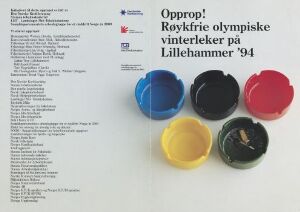  Graphic design titled "Opprop! Røykfrie olympiske vinterleker på Lillehammer '94" by Bruno Oldani, featuring a poster with text and bullet points on the left and three colored circles (red, blue, and yellow) on the right, with a black cigarette shape in the blue circle and a black shape with a green top in the yellow circle against a neutral background, suggestive of a smoke-free Olympic event.