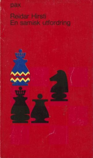  Cover design by Bruno Oldani for the book "En samisk utfordring," featuring a deep red background with the title in white sans-serif font at the top and three stylized, chess-like figures on the right - a colorful tower followed by a black bishop and pawn below.