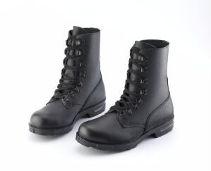  A pair of black leather combat boots by Jacob Ihlen, titled "M/77," featuring rounded laces and a treaded rubber sole, machine-sewn and molded for durability and traction, displayed against a light background.