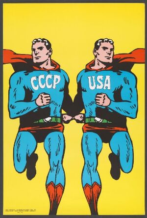  "CCCP - USA (apres Superman)" by Roman Cieślewicz, a graphic design depiction of two identical muscular superhero figures against a yellow background, one emblazoned with "CCCP" and the other with "USA" on their chests, in a comic book-inspired style.