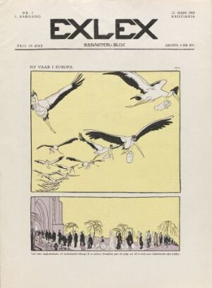  Cover of "Exlex" by Ragnvald Blix, featuring a pale yellow top section with black sketch-like birds in flight and a lower section showcasing silhouetted people against a cityscape, accented with bold title text in serif font.