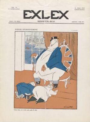  "Exlex" (nr. 14) by Ragnvald Blix, a satirical offset print showing a pompous sailor in a white suit with a blue collar holding a ship's wheel, with two maids collecting lifeless ducks below, set against a window with ship masts in the background.