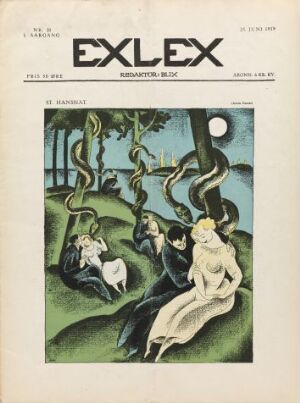  "Exlex" cover illustration by Ragnvald Blix, featuring the title in bold serif letters and a moonlit scene below with snake-like figures with human faces descending towards four statue-like human figures seated on a grassy slope, in a muted color scheme of greens and blues with pale moonlight.