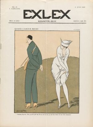  "Exlex (nr. 21)" by Ragnvald Blix, a stylized vintage graphic design piece on paper, depicting a man in a dark green suit and a woman in a white dress, both looking back over their shoulders against a subdued background, rendered in a minimalistic style emphasizing form and movement.