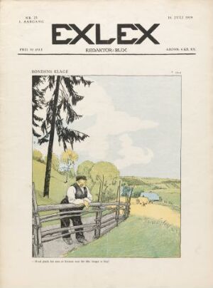  Cover of "EXLEX," issue number 23, featuring a vintage-style illustration by Ragnvald Blix. The illustration shows a reflective man seated on a wooden fence within a serene pastoral landscape, framed by slender trees, with gentle hills and a body of water in the background. The natural color scheme includes soft greens, pale blue, and earth tones, evoking a sense of tranquility and connection with nature.