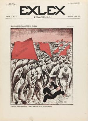  Cover of "Exlex" by Ragnvald Blix with a chaotic scene of caricatured nude figures driven by large red flags, with one clothed man lying in despair on the ground.