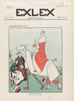  Satirical graphic design titled "Exlex" by Ragnvald Blix, depicting a stylized knight in a red cape on a thin white horse, with onlooking figures in a faded background, executed in a limited color palette with offset printing technique on paper.