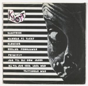  Monochromatic cover art for "Kjøtt - Kjøtt," an LP record designed by Jon Rognlien, displaying a split design with song titles on the left and a striped close-up of a sculpted face on the right, using a black and white color scheme with a touch of pink in the title text.