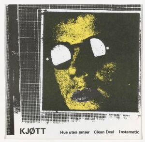  Album cover design by Erik Aasheim for "Kjøtt - (7’’) - Hue Uten Sanser" featuring a high-contrast yellow face with obscured white rectangle eyes on a textured black background, with black and white text and geometric design elements, embodying a punk or alternative aesthetic.