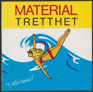  Album cover for "The Aller Værste - Materialtretthet" by Art Aid. It features a stylized blue wave with a cartoon-like woman surfing depicted in the center. The title is written in red uppercase letters on a yellow block above, and the artist's name appears in small black text on white at the top of the surfing image. The color palette includes bright blue, yellow, red, and black.