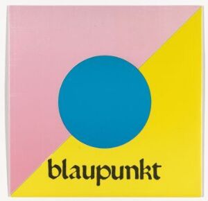  Graphic design titled "Blaupunkt" by the artist Blaupunkt, featuring a pink and yellow diagonal bicolor background with a central blue circle above the word "blaupunkt" in lowercase black letters. The design exudes a simple yet bold modern aesthetic, with a stylized offset print technique on paper.