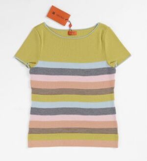  "Sommerkollektionen" by Solveig Hisdal - A knitted t-shirt crafted from 75% merino wool and 25% silk featuring horizontal stripes in olive green, pale pink, dusty rose, slate grey, and pale sky blue, with a round neckline and short sleeves, displaying a tag indicating the design collection.