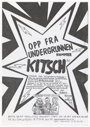  Black and white poster titled "KITSH (nr.1)" by Trond Bremnes featuring a central explosive burst graphic with the word KITSCH in bold letters, surrounded by smaller text and cartoon figures below, rendered in high contrast with a stark, underground zine aesthetic.