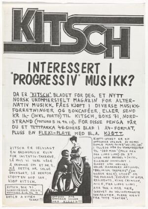  Black and white offset print on paper titled "KITSCH" by Trond Bremnes, featuring bold typography and a sketch-like illustration of a person playing a double bass in the bottom right corner, with text related to progressive music in Norwegian.