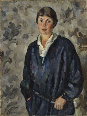  Oil painting on canvas titled "Astri Welhaven" by Lul Krag, featuring a young woman in a voluminous blue robe with a white blouse, looking directly at the viewer against a patterned brown and beige background.