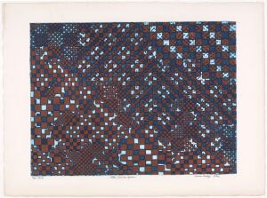  "After Dinner Game" by Jean Lodge, a color etching on paper featuring an intricate mosaic of blue, brown, red, and white squares and diamonds creating a dynamic abstract pattern, surrounded by a wide white border.