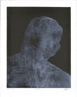  "Gjenganger" by Cathrine Alice Liberg, a fine art litography on paper showing a spectral, blue and gray silhouette of a person against a deep black background with a haunting and ethereal quality.