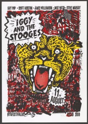  Concert poster by Stein Are Kleivan for the Øyafestivalen Oslo 2010 featuring a vibrant yellow and black spotted roaring leopard with a chaotic red and black textured background, bold white text announces "IGGY AND THE STOOGES" and the date "11. AUGUST" in grungy fonts.
