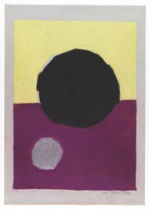  "Emblem" by Helge Røed - A minimalistic pastel artwork on paper depicting a large black circle on a yellow square background set above a purple rectangle with a smaller grey circle, showcasing a contrast of bold and muted colors with a dreamy quality.