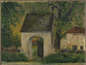  "Vånga kirke" by Hannah Ryggen, an oil painting depicting a rural scene with an arched stone gateway in the foreground, a cream-colored building with a brown roof to the right, and dense green trees and shrubs in the background.