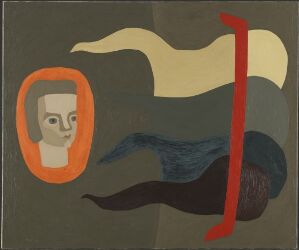  "Uten tittel" by Charlotte Wankel, an abstract oil painting on canvas with a muted olive-green background featuring an abstract orange-outlined face to the left, a wavy cream-colored form in the center, a bold red stripe to the right, and a dark blue shape below it, all creating an abstract narrative on the canvas.