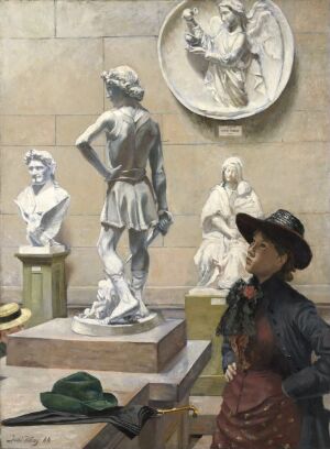  "Interior of the Sculpture Museum" oil painting by Jens Wang featuring a woman in early 20th-century attire observing classical sculptures in a museum, with a standing male statue, a seated figure, a bust, and a relief on the walls, all rendered in a palette of neutral and earthy tones.