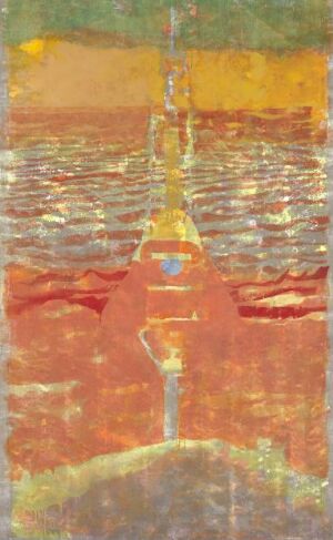  "Lanterne 1" by Mari Slaattelid, an abstract painting that resembles the reflection of a lantern on water, with a central yellow-orange light source surrounded by vertical brush strokes in yellows, oranges, blues, and greens, creating an impression of water ripples on linen canvas.