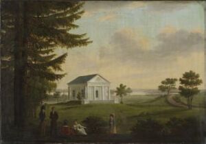  "Temple of Thankfullness at Ullevål" by Carl Frederik Vogt is a painting featuring a neoclassical temple with Doric columns in a pastel-colored pastoral landscape with figures in 18th-century attire and tall trees to the left.