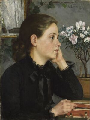  Oil painting on canvas titled "Thoughtful" by Sofie Werenskiold depicting a woman in profile, resting her cheek on her hand in a contemplative pose, with dark hair and a black dress, against a backdrop of a flowering plant and subdued, earth-toned setting.