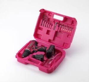 
 An open pink plastic case with a black and pink cordless drill, a battery pack, and neatly organized drill bits on a white background. Artist unknown, titled "Cordless Drill Set."