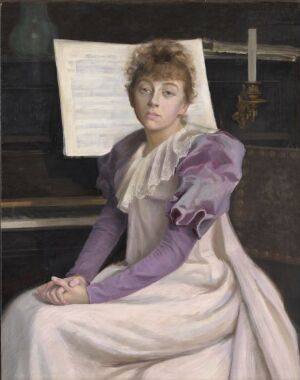  "Ragnhild Juel" by Lily Wrangel is an oil on canvas portrait of a young woman with an enigmatic expression, seated in front of a piano, wearing a dress with shades of lilac and purple, against a dark background.