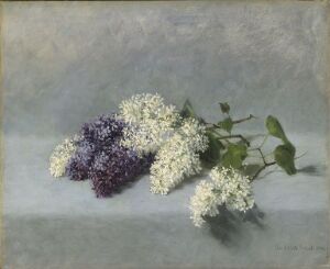  "Still life with lilacs" - an oil on linen painting by Benedicte Scheel, featuring bunches of white and purple lilac flowers with green leaves, set against a soft gray textured background, embodying a serene and timeless quality.