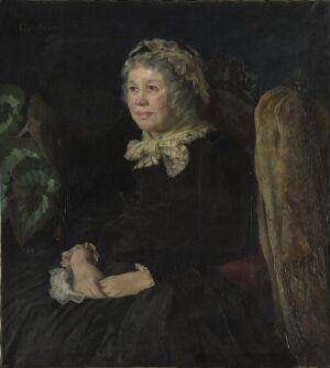  "Portrait of an Old Woman" by Gyda Gram is an oil painting on canvas depicting an elderly woman with light-colored hair and a contemplative expression, wearing a dark dress with a large lace collar, holding a white handkerchief in her lap against a dark background.