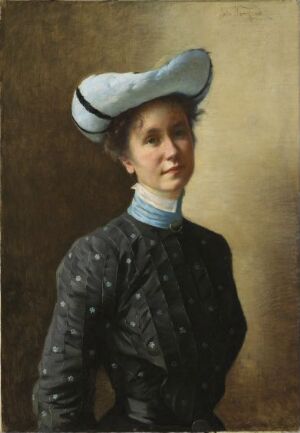  Oil painting on linen by Asta Nørregaard depicting a woman with a subtle smile, wearing a high-collared blouse with polka dots and a bodice, a light blue scarf, and a wide-brimmed hat, set against a muted brown background.