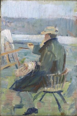  "Christian Krohg at the Easel" by Oda Krohg is an oil painting on linen depicting the artist Christian Krohg from behind, dressed in a dark green coat and a hat, sitting on a wooden chair while painting at an easel outdoors. Hints of pale blue and light green suggest a natural, daylight setting near water, while another figure can be seen in the distance, also engaging in artistic activity.