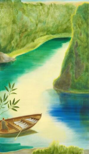  "River Landscape" - Oil on linen painting by Liv Ørnvall, depicting a tranquil river with a wooden boat on the shore, surrounded by lush green hills and crystal blue waters, reflecting the quiet beauty of nature.