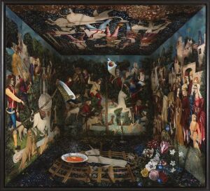 Alt-Text: "The Death of a Unicorn and the Birth of Speculative Symbolism" by Munan Øvrelid is a complex oil painting on canvas, depicting a dark, enigmatic scene with celestial figures in the upper part, and an array of human figures, animals, and symbolic objects throughout. The center