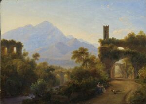  "Ruins in an Italian Landscape" by Louise-Joséphine Sarazin de Belmont - a serene painting depicting a path leading to Roman ruins with a lone figure in a dress,