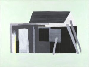  "Camp Zoe" by Hanne Borchgrevink is an acrylic on canvas painting displaying a minimalist and abstract representation of a building in shades of gray, set against a soothing pale green background.