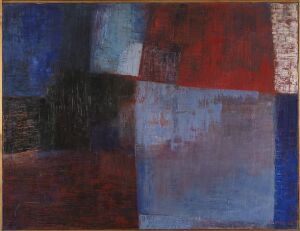 "Composition in Red and Blue II" by Inger Sitter is an abstract oil painting on linen, featuring a juxtaposition of deep reds and various shades of blue, structured into geometric shapes and forms with textured applications of paint, creating a dynamic and visually striking piece.