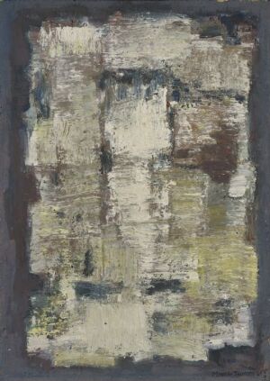  Abstract painting by Mouche Thomsen titled "Ukjent tittel" with tempera on fiberboard, displaying a central area of pale whites and creams bordered by a darker frame of deep grays and muted blacks. Hints of yellow, gray, brown, olive green, and blue add complexity to the piece.